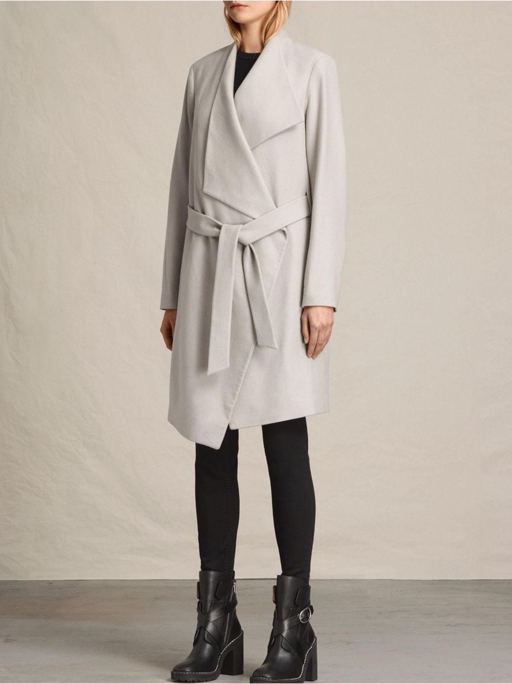 AllSaints Gray Lora Light Gray Wrap Belted Wool Coat